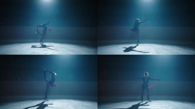 冰场上的女子花样滑冰运动员，冰上优雅的天才女子的剪影，女运动员