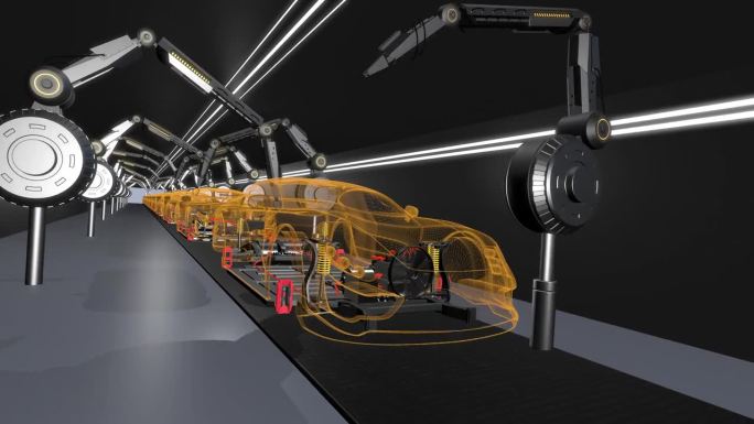 一家高科技工厂的机器人手臂正在生产电动汽车。