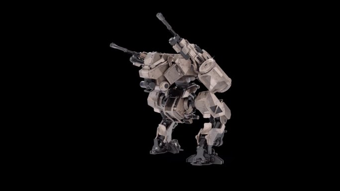 详细的3D模型机器人损伤大正面左视图，战士未来主义机器渲染动画，操纵骨骼结构，覆盖阿尔法哑光通道混合