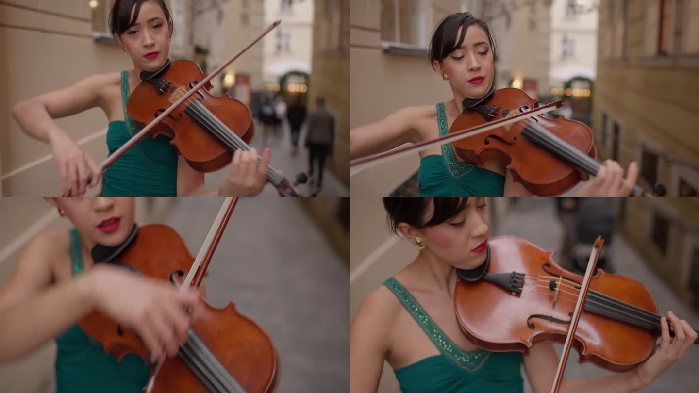 一个女人在街上拉小提琴