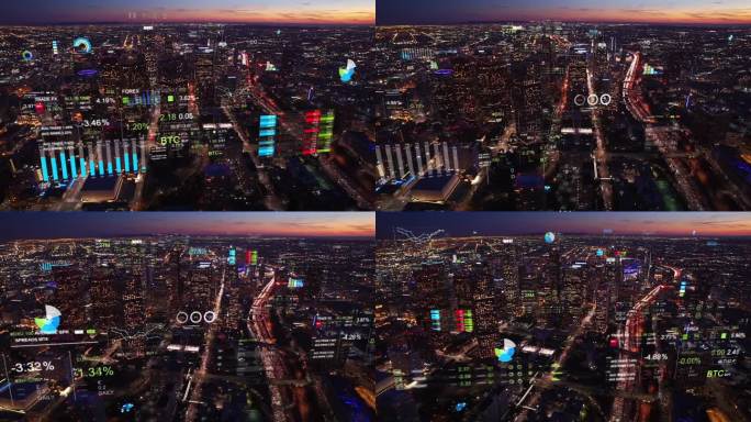 洛杉矶的鸟瞰图，有金融图表和数据。未来的城市天际线。大数据、人工智能、物联网、VR。股票交易数据。