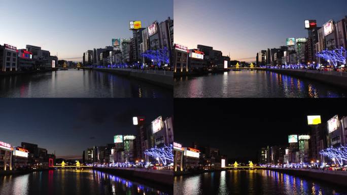 日本福冈博多:日落时分的中须地区。延时拍摄。