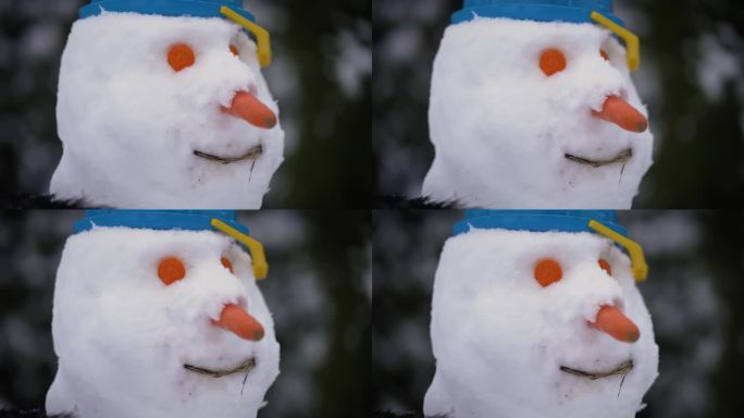 冬日里，滑稽的雪人长着胡萝卜的眼睛和鼻子，头上戴着斗帽