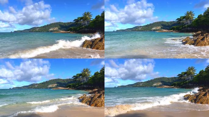 芭东海滩普吉岛泰国漂亮的白色沙滩清澈的蓝色和绿松石水和可爱的蓝天与棕榈树日落日出