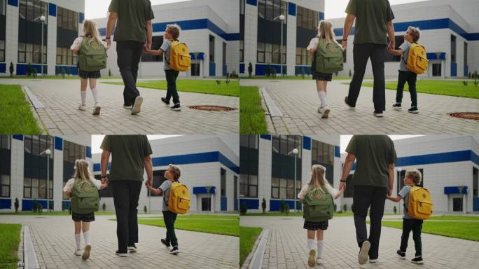 孩子上学，孩子牵着爸爸的手走在操场上，后视图，学生