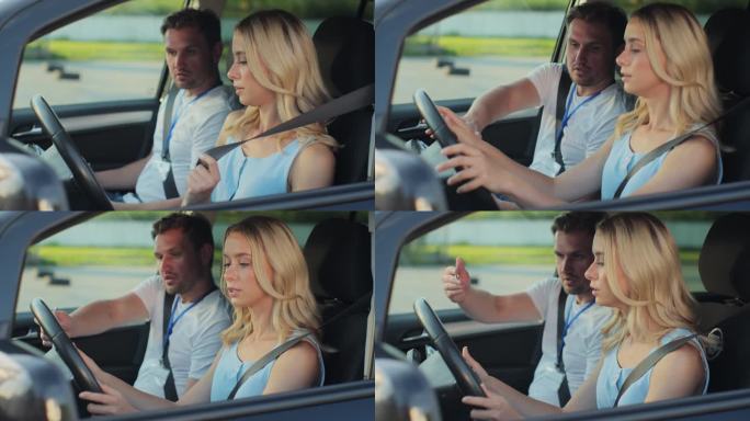 年轻女子和驾校教练拿着写字板在车里聊天。女子在车里听教练学开车。