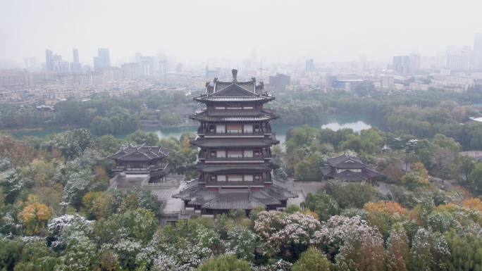 4k航拍山东济南大明湖雪景