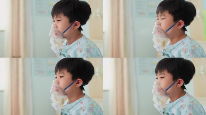流感正在儿童中传播。在医院病房的病床上，病人拿着雾化器吸入器面罩，这是治疗哮喘的重要工具。通过口罩深