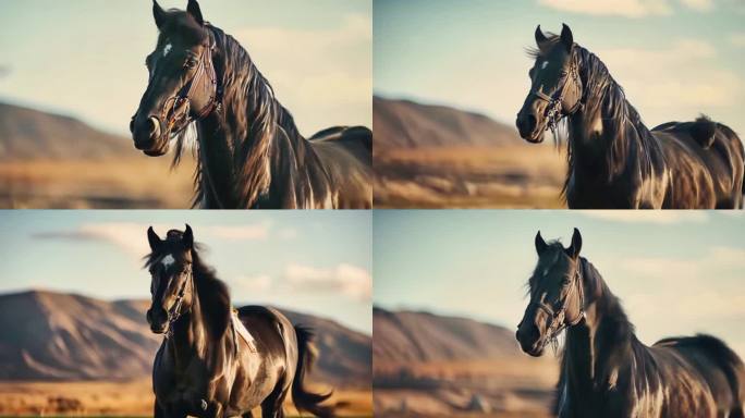 草原黑马一匹骑马厩牧场野马奔跑马群马术
