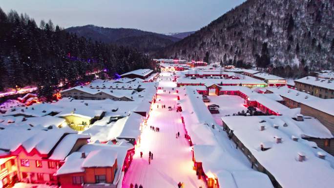 中国黑龙江雪乡夜景航拍