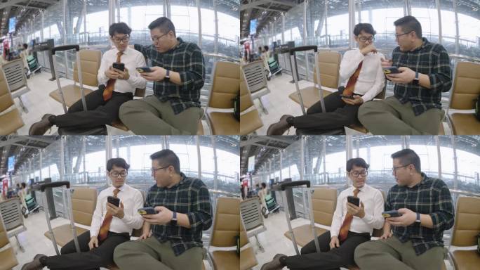 两个亚洲朋友聊着什么，然后其中一个离开去机场登机口旅行了