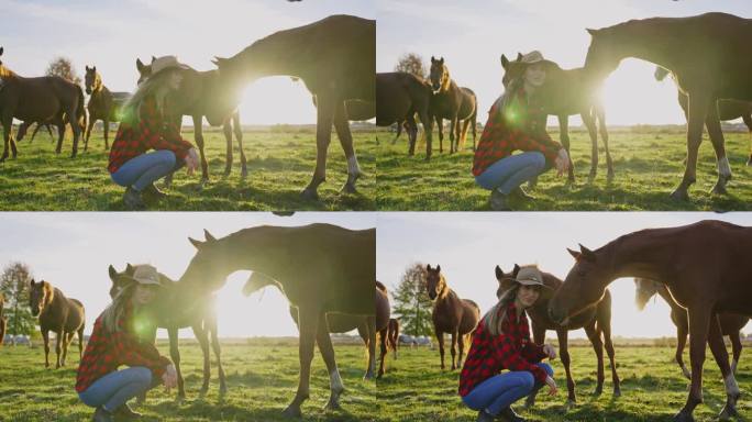 阳光明媚的一天，年轻的女牧场主穿着太阳帽和格子衬衫，蹲在草地上的马旁边