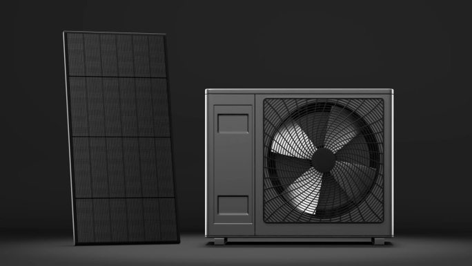旋转风扇的热泵能源与太阳能电池板作为加热器和替代能源- 3D动画4k 60 fps DCI无缝循环