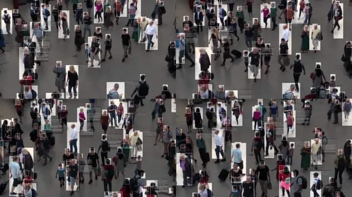 高视角的通勤者步行。面部识别界面显示每个人的个人数据。监测的概念。人工智能。深度学习。