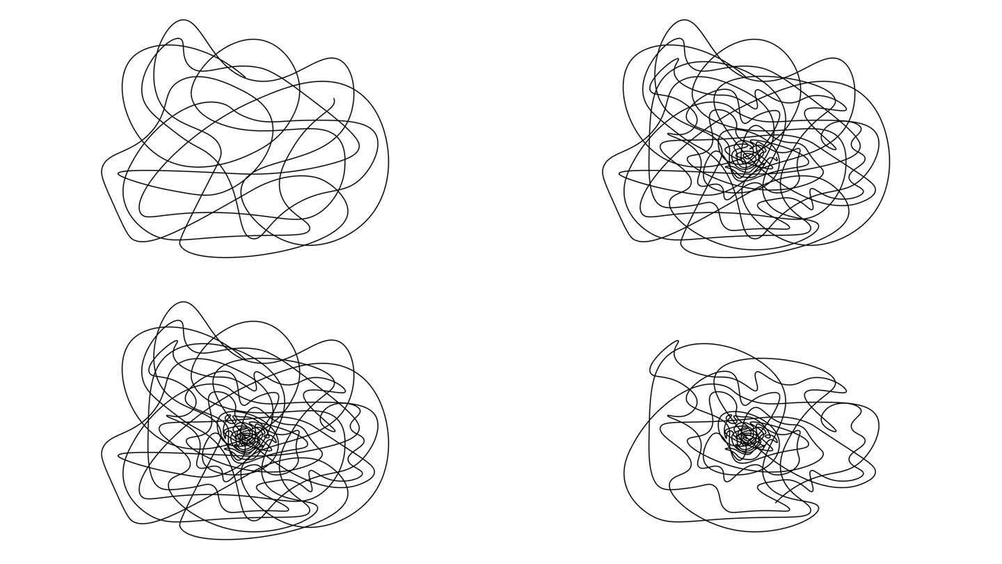 白色背景上纠结的连续线动画。简单又复杂。解决问题的概念很简单。涂鸦困惑线