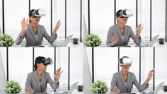 年轻女性在互联网上使用VR进行教育和旅行的移动应用程序。