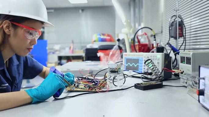 微芯片电脑主板电路板元件实验及焊接实验室。