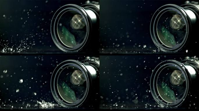 摄影机镜头在雨中。用高速摄像机拍摄，每秒1000帧。