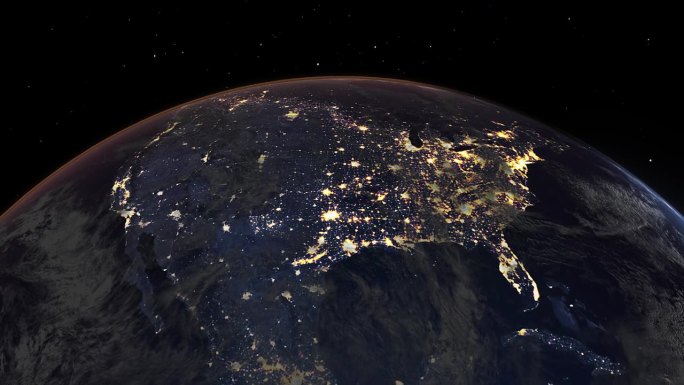 从中北美大陆上空飞行的真实地球夜晚