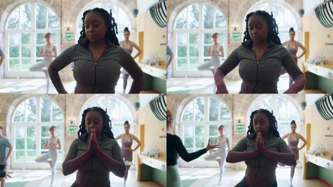 瑜伽，和平与健康，黑人女性在课堂上学习，健身和正念。平衡，冥想和健康与人和锻炼普拉提工作室教练，能量