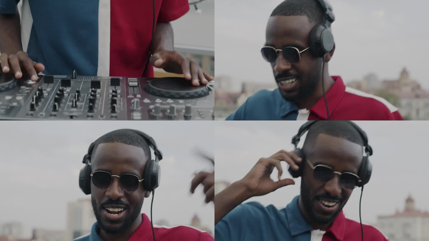 欢快的非洲裔美国人在屋顶派对上担任DJ，享受创造性活动的慢动作肖像
