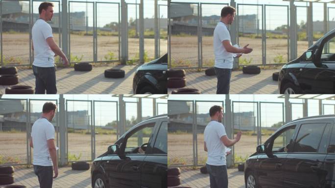 男教练教年轻女司机把车停在学校的训练场上。驾驶课程，考试和人的概念。