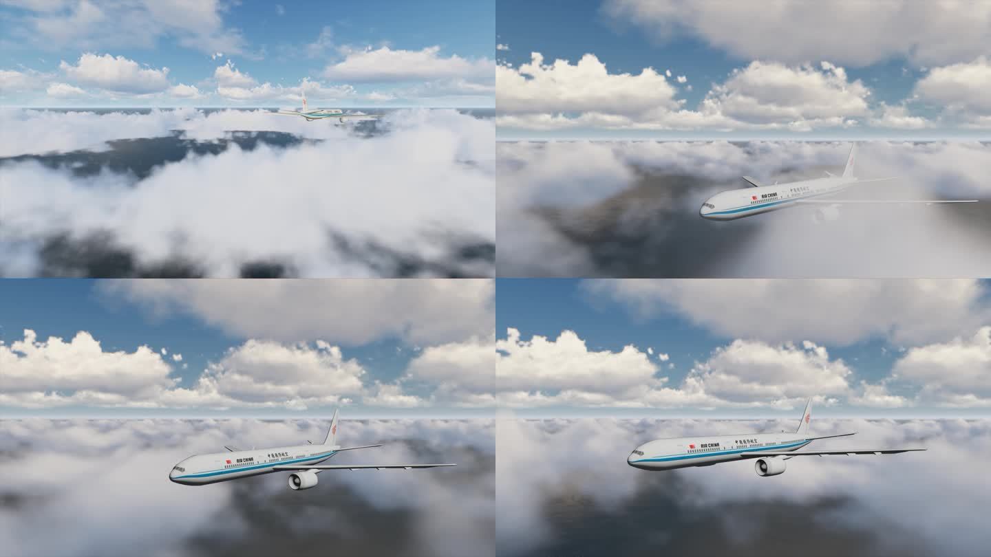 民航客机在空中飞行云层中穿梭