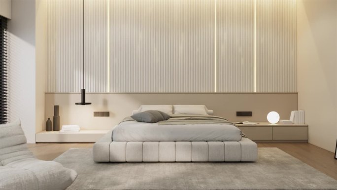 现代白色卧室内饰配家具，平移左拍，视频4K 3840x2160, 3D动画卧室设计