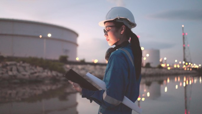 女工程师晚上在炼油厂和炼油厂用笔记本电脑检查。