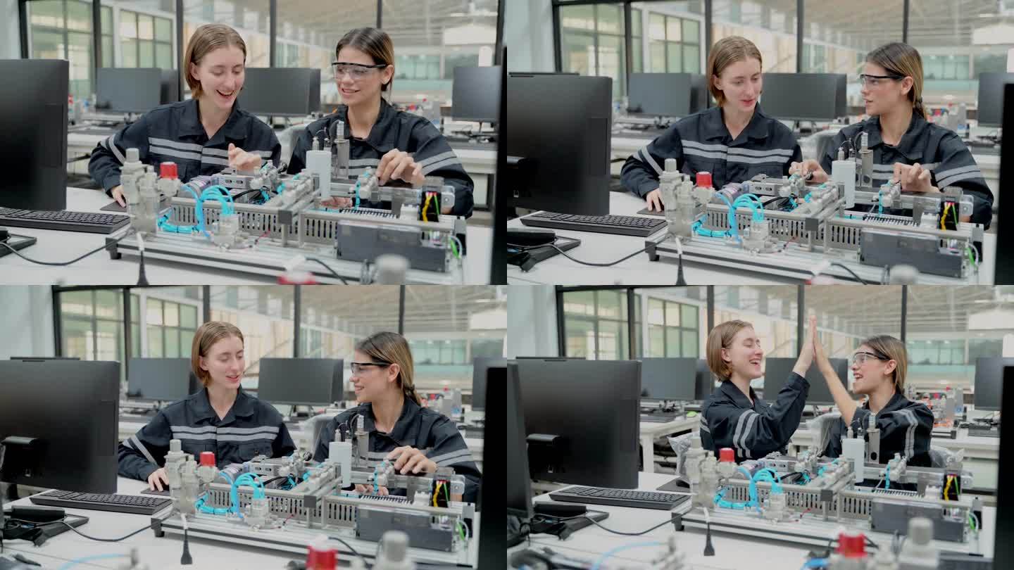 两名女工程师在课堂上编写控制气动的程序。