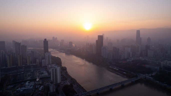 黄河沿岸城市日出延时素材