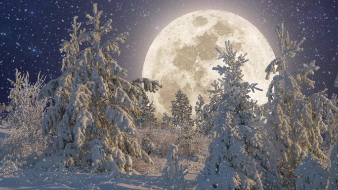 蓝月亮在冬夜升起。冬天下雪的森林里有柔软的雪。美丽的冬季景观