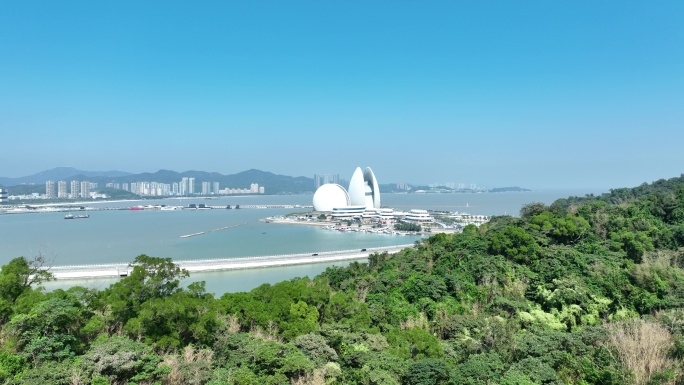 野狸岛山顶航拍珠海大剧院日月贝地标建筑