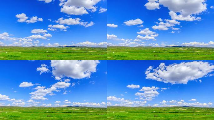 蓝天下的青山绿茵自然景观，新疆。