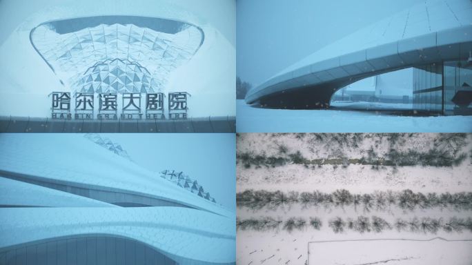 4k哈尔滨冬天下雪航拍哈尔滨大剧院空镜头