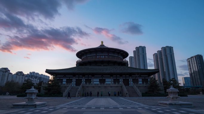 山西大同明堂晚霞夜景亮灯延时视频