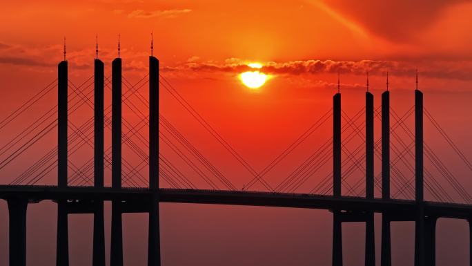 唯美海上日落镜头胶州湾大桥