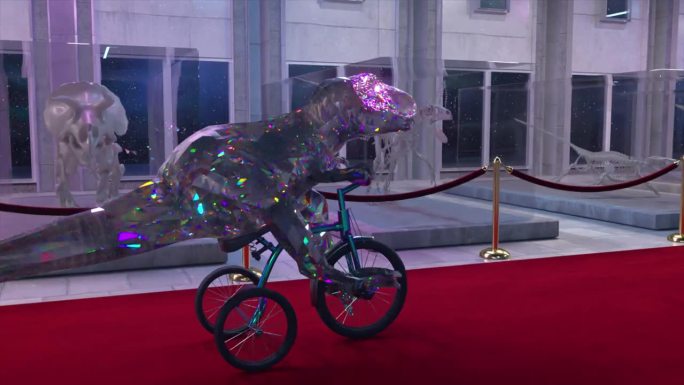 钻石恐龙在恐龙骨架的背景下骑自行车。红地毯。外太空博物馆。三维动画