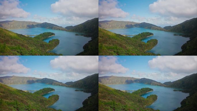 葡萄牙亚速尔群岛火山湖的高视角。高高的青松环绕着湖。背景是风景如画的风景。