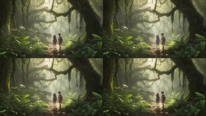 4K两个小孩在生态森林概念背景