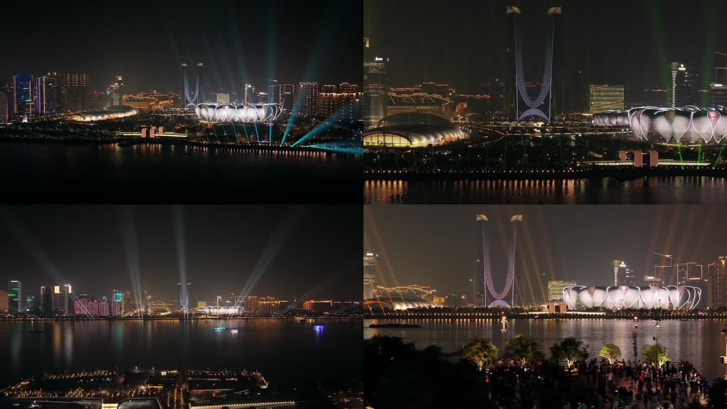 4K奥体中心灯光秀杭州之门航拍夜景