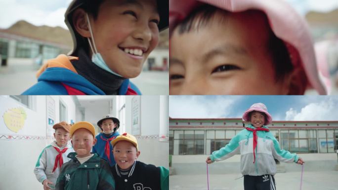 一群藏族小学生和镜头互动