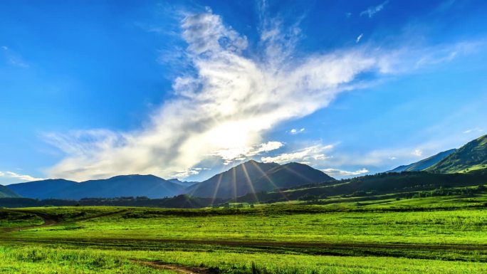 中国新疆，绿草如茵，云雾缭绕的自然景观。