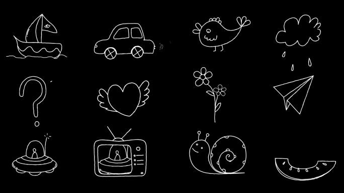 儿童涂鸦动画动态元素12组黑白可爱透明