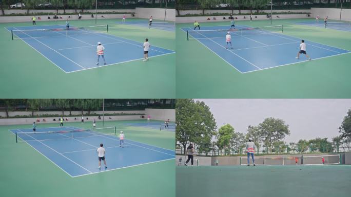 【合集】晨练打网球 小区户外网球场