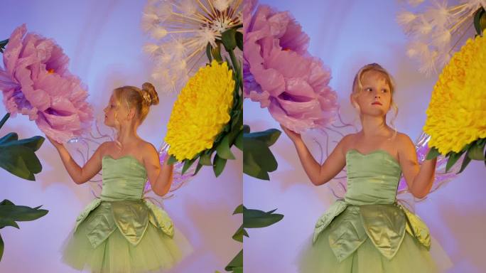 一个穿着仙女服装的女孩站在摄影棚里的人造花中间