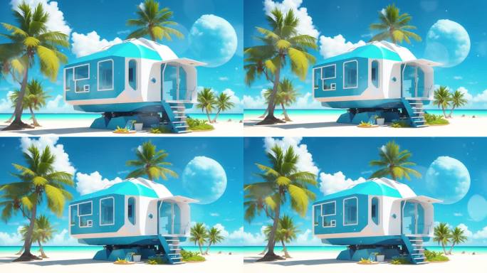 4k三维动画海滩度假屋概念背景视频