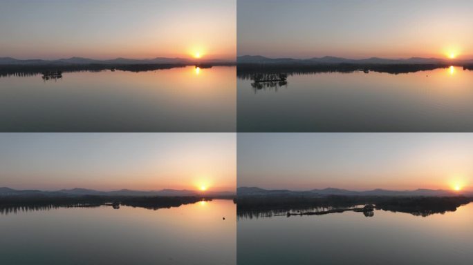 航拍襄阳汉江湿地公园黄昏傍晚日落自然风光