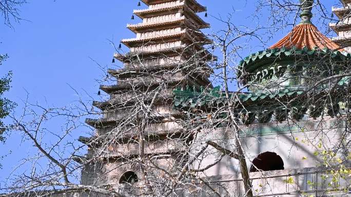 秋天北京五塔寺塔与石雕