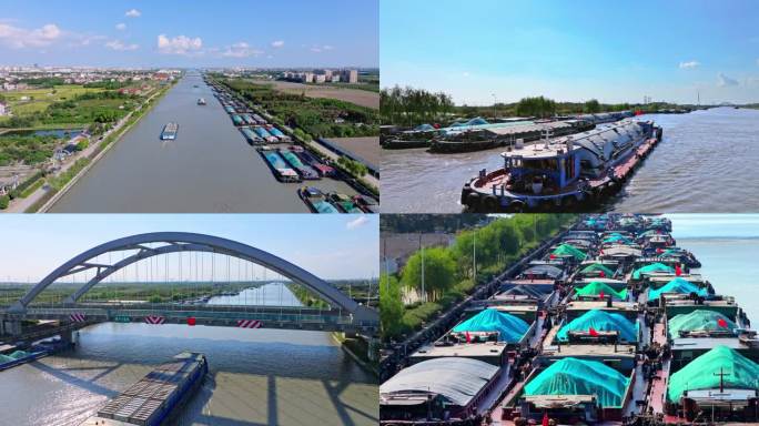 上海浦东大治河货轮 河道停靠货船加油充电